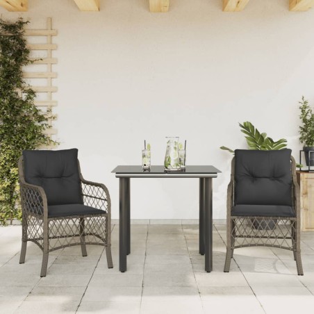 vidaXL Sillas y mesita de jardín con cojines 3 piezas ratán PE gris