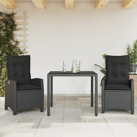 vidaXL Set comedor de jardín 3 pzas con cojines ratán sintético negro