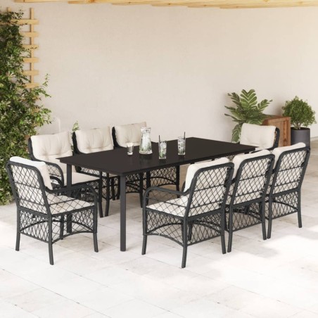 vidaXL Set de comedor de jardín 9 pzas y cojines ratán sintético negro
