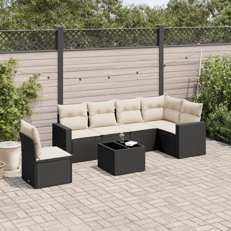 vidaXL Set de comedor de jardín 7 pzas y cojines ratán sintético negro vidaXL Set de comedor de jardín 7 pzas y cojines ratán sintético negro