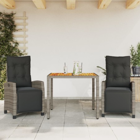 vidaXL Set comedor de jardín 3 piezas con cojines ratán sintético gris