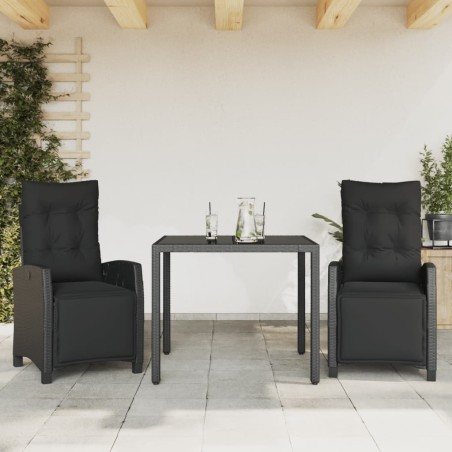 vidaXL Set comedor de jardín 3 pzas con cojines ratán sintético negro