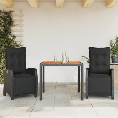 vidaXL Set comedor de jardín 3 pzas con cojines ratán sintético negro