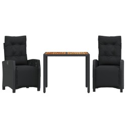 vidaXL Set comedor de jardín 3 pzas con cojines ratán sintético negro