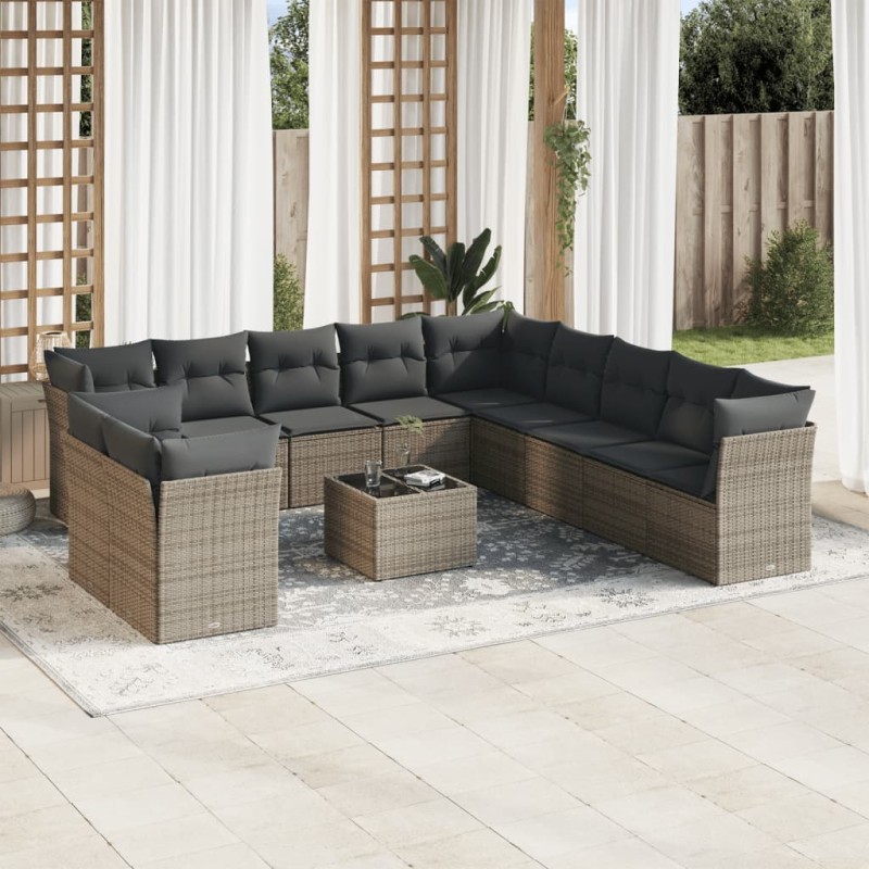 vidaXL Set de sofás de jardín 12 pzas con cojines ratán sintético gris vidaXL Set de sofás de jardín 12 pzas con cojines ratán sintético gris