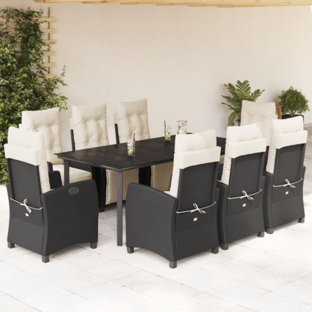 vidaXL Set de comedor de jardín 9 pzas y cojines ratán sintético negro