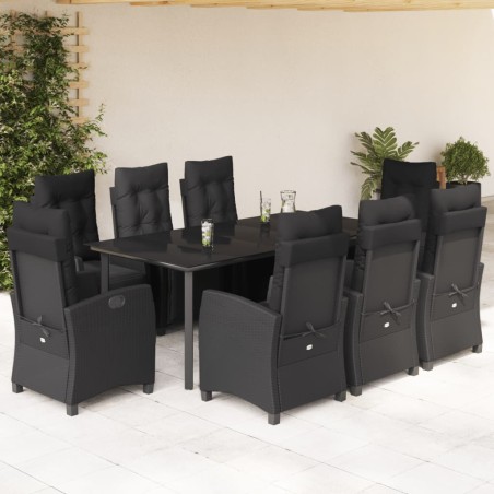 vidaXL Set de comedor de jardín 9 pzas y cojines ratán sintético negro