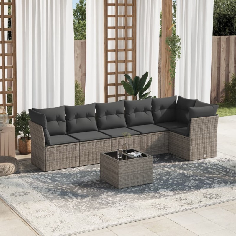 vidaXL Set de sofás de jardín 7 piezas con cojines ratán PE gris vidaXL Set de sofás de jardín 7 piezas con cojines ratán PE gris