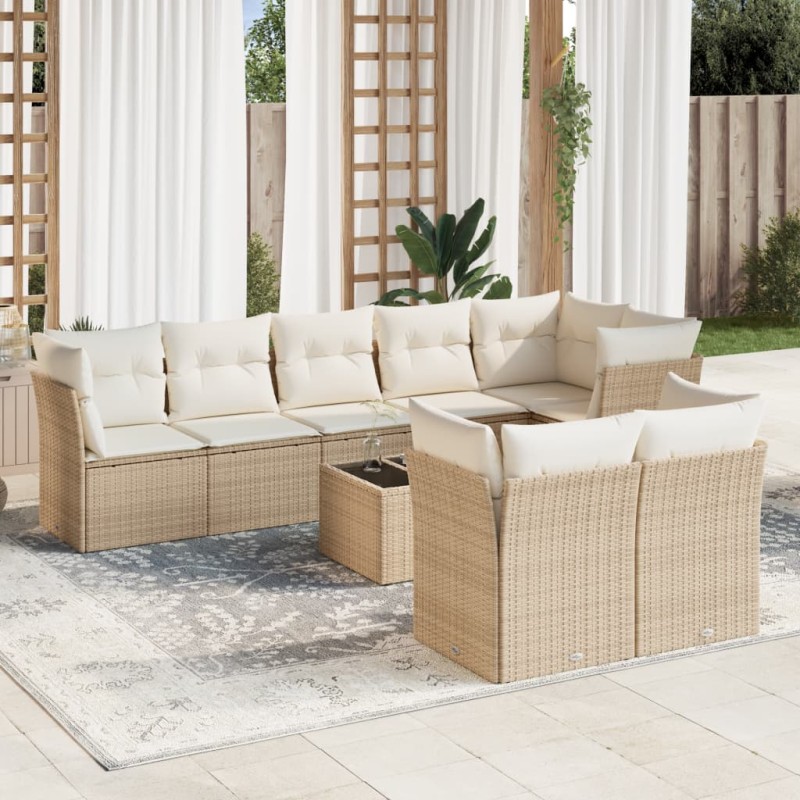 vidaXL Set de sofás de jardín 9 pzas con cojines ratán sintético beige vidaXL Set de sofás de jardín 9 pzas con cojines ratán sintético beige