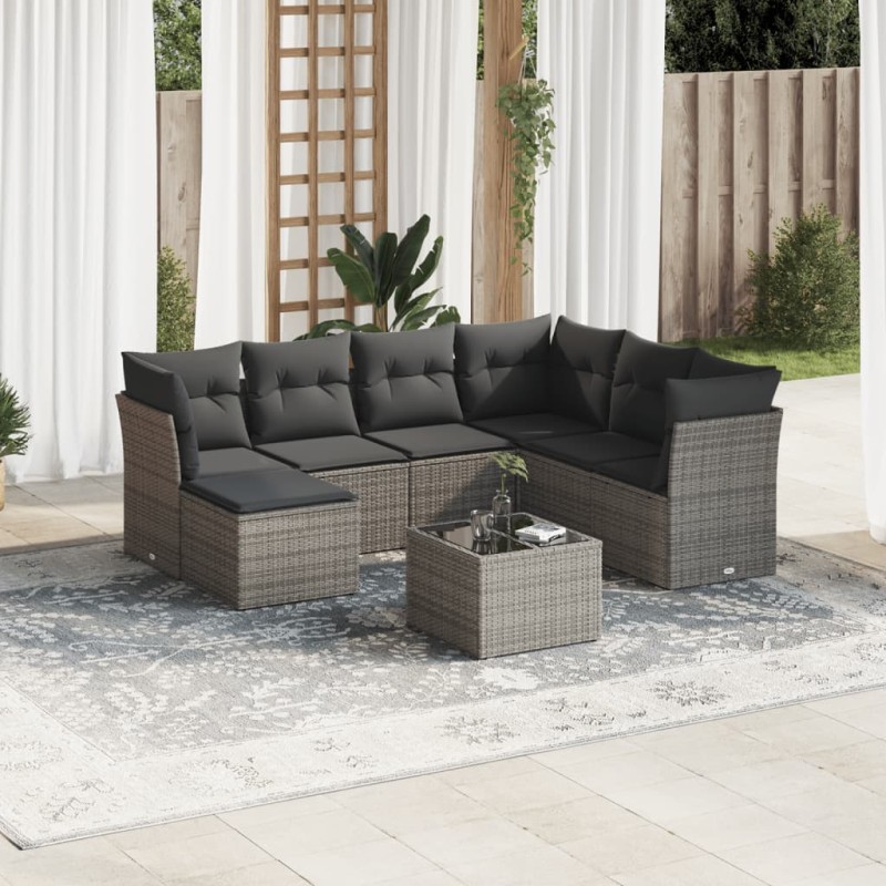 vidaXL Set de sofás de jardín 8 pzas y cojines ratán sintético gris vidaXL Set de sofás de jardín 8 pzas y cojines ratán sintético gris