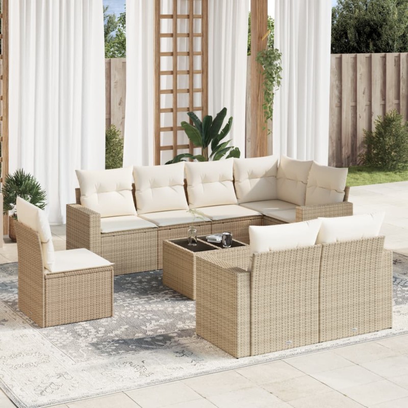 vidaXL Set de sofás de jardín 9 pzas con cojines ratán sintético beige vidaXL Set de sofás de jardín 9 pzas con cojines ratán sintético beige