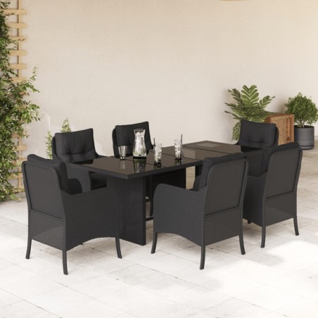 vidaXL Set de comedor de jardín 7 pzas y cojines ratán sintético negro