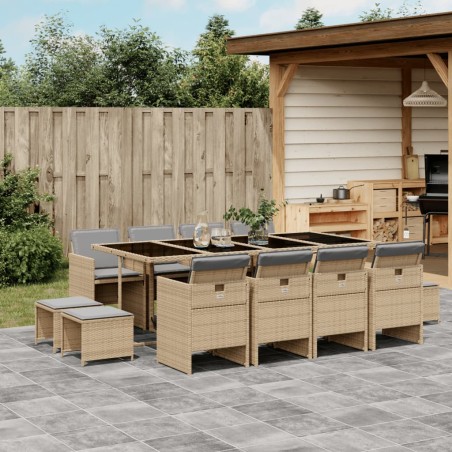 vidaXL Set comedor de jardín con cojines 13 pzas ratán sintético beige