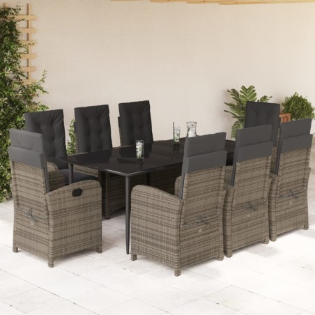 vidaXL Set comedor jardín 9 pzas y cojines ratán sintético gris