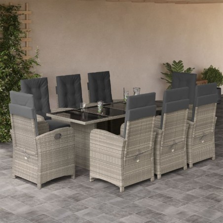 vidaXL Set comedor de jardín 9 pzas cojines ratán sintético gris claro