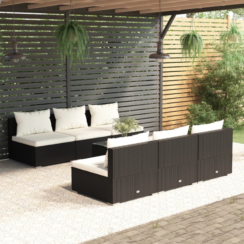 vidaXL Set de muebles de jardín y cojines 7 pzas ratán sintético negro vidaXL Set de muebles de jardín y cojines 7 pzas ratán sintético negro