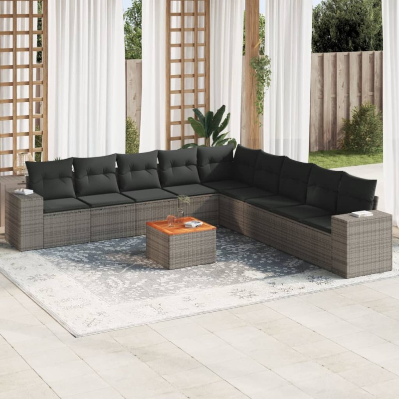 vidaXL Set de sofás de jardín 10 pzas con cojines ratán sintético gris vidaXL Set de sofás de jardín 10 pzas con cojines ratán sintético gris