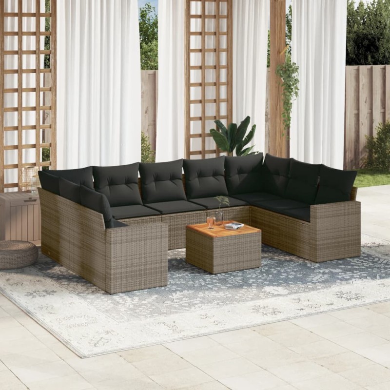 vidaXL Set de sofás de jardín 10 pzas con cojines ratán sintético gris vidaXL Set de sofás de jardín 10 pzas con cojines ratán sintético gris