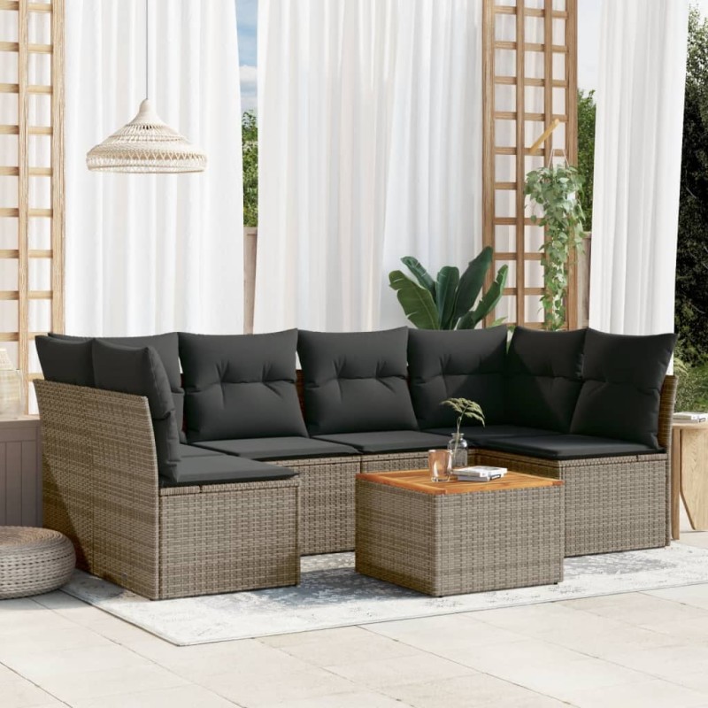 vidaXL Set de sofás de jardín 7 piezas con cojines ratán PE gris vidaXL Set de sofás de jardín 7 piezas con cojines ratán PE gris