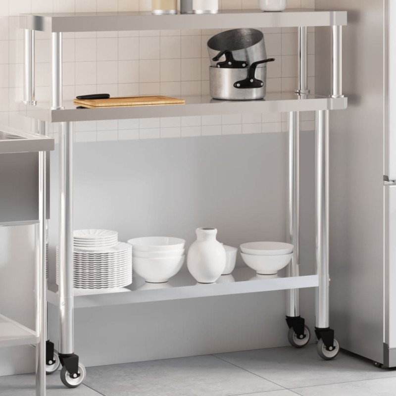 vidaXL Mesa de trabajo para cocina con estante acero inox 110x30x120cm
