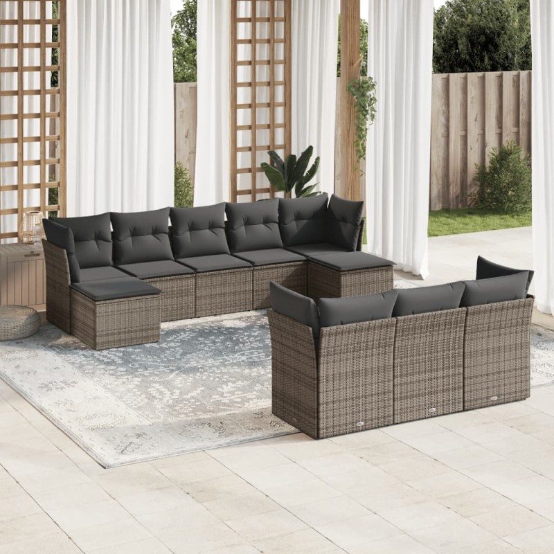 vidaXL Set de sofás de jardín 10 pzas con cojines ratán sintético gris vidaXL Set de sofás de jardín 10 pzas con cojines ratán sintético gris