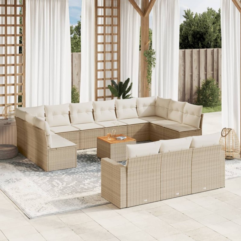 vidaXL Set sofás de jardín 14 pzas con cojines ratán sintético beige vidaXL Set sofás de jardín 14 pzas con cojines ratán sintético beige