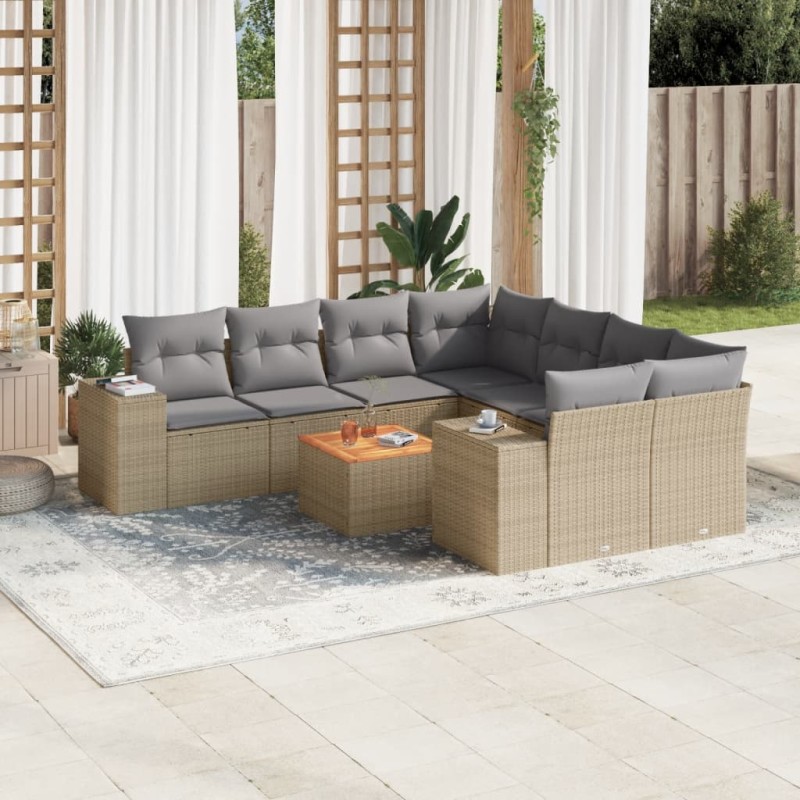 vidaXL Set de sofás de jardín 9 pzas con cojines ratán sintético beige vidaXL Set de sofás de jardín 9 pzas con cojines ratán sintético beige