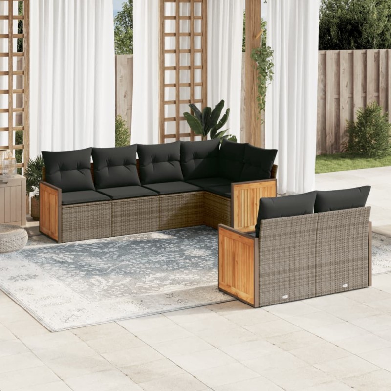 vidaXL Set de sofás de jardín 7 piezas con cojines ratán PE gris vidaXL Set de sofás de jardín 7 piezas con cojines ratán PE gris