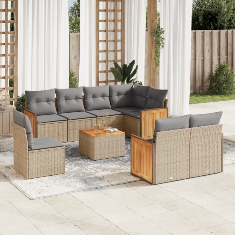 vidaXL Set de sofás de jardín 9 pzas con cojines ratán sintético beige vidaXL Set de sofás de jardín 9 pzas con cojines ratán sintético beige