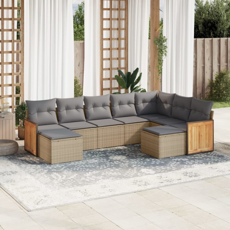 vidaXL Set de sofás de jardín 9 pzas con cojines ratán sintético beige vidaXL Set de sofás de jardín 9 pzas con cojines ratán sintético beige