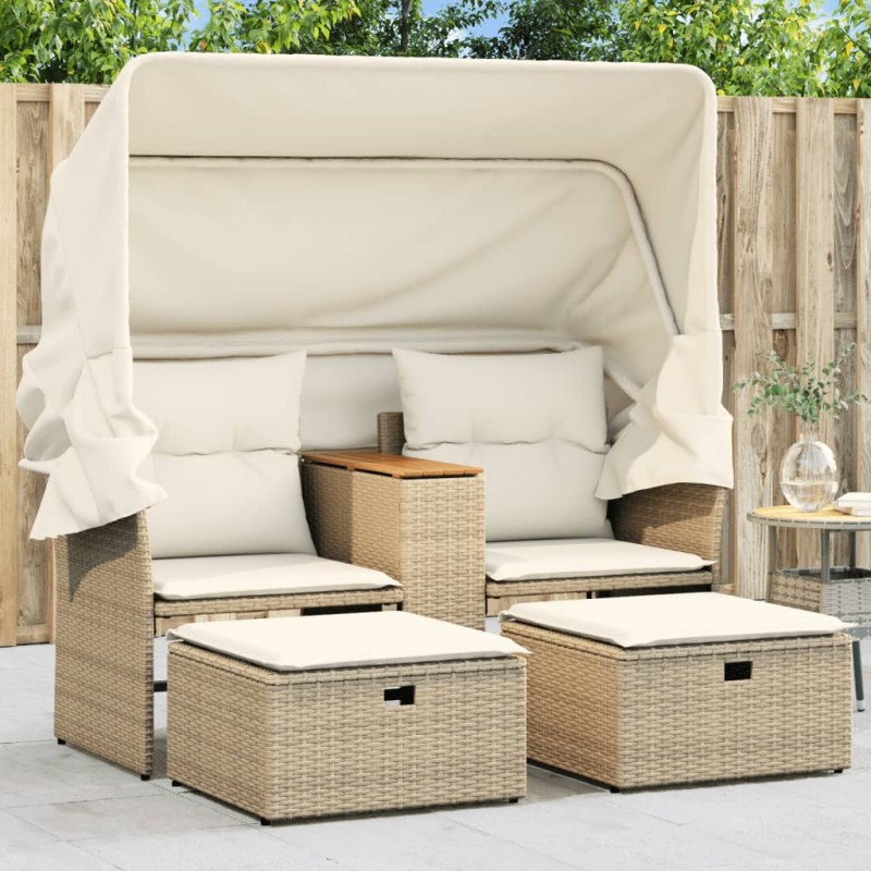 vidaXL Sofá de jardín 2 plazas con toldo y taburetes ratán PE beige vidaXL Sofá de jardín 2 plazas con toldo y taburetes ratán PE beige