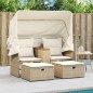 vidaXL Sofá de jardín 2 plazas con toldo y taburetes ratán PE beige vidaXL Sofá de jardín 2 plazas con toldo y taburetes ratán PE beige
