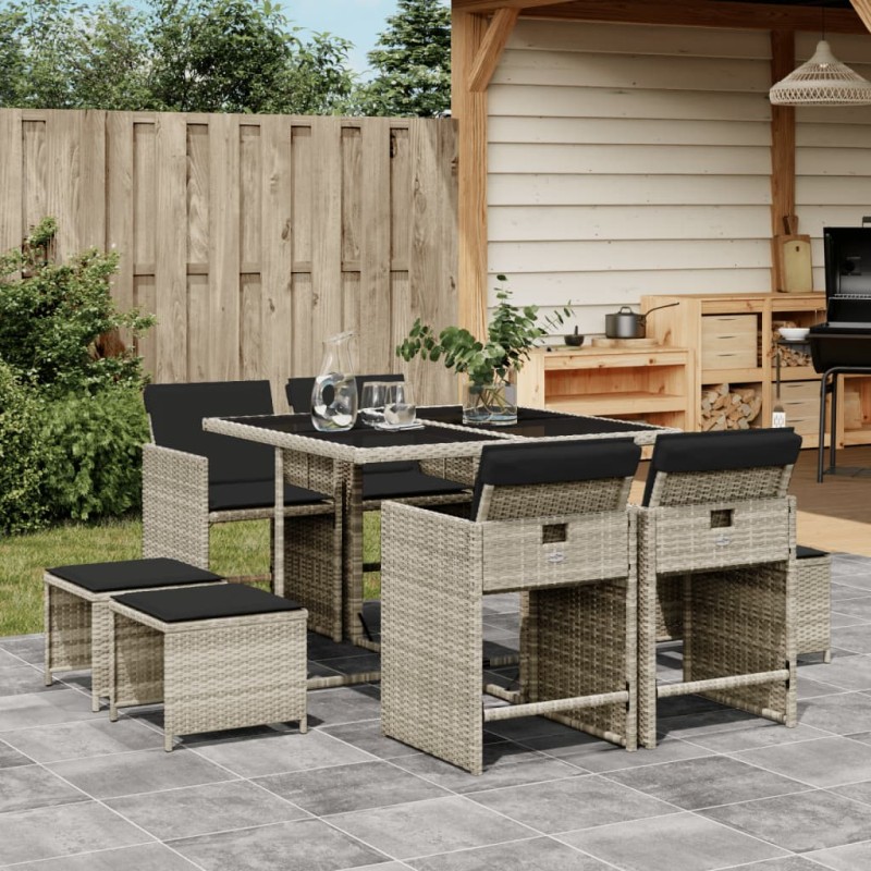 vidaXL Set comedor de jardín 9 pzas cojines ratán sintético gris claro vidaXL Set comedor de jardín 9 pzas cojines ratán sintético gris claro