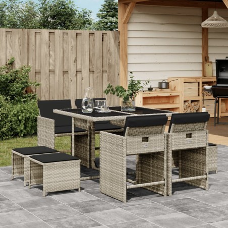 vidaXL Set comedor de jardín 9 pzas cojines ratán sintético gris claro