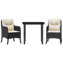 vidaXL Set comedor de jardín 3 pzas con cojines ratán sintético negro