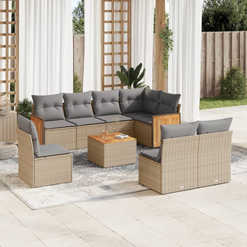 vidaXL Set de sofás de jardín 9 pzas con cojines ratán sintético beige vidaXL Set de sofás de jardín 9 pzas con cojines ratán sintético beige