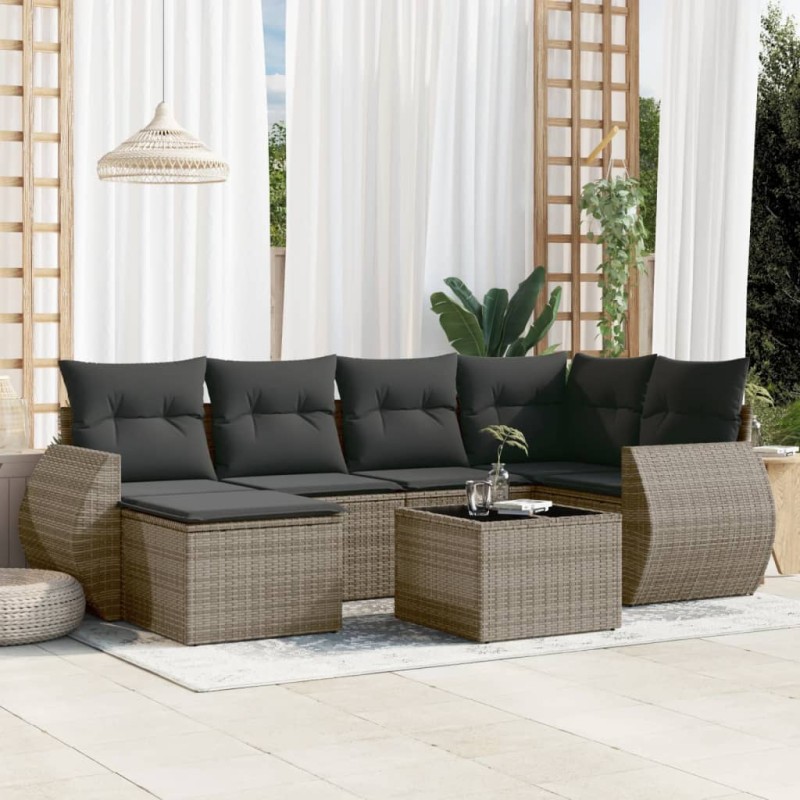 vidaXL Set de sofás de jardín 7 piezas con cojines ratán PE gris vidaXL Set de sofás de jardín 7 piezas con cojines ratán PE gris