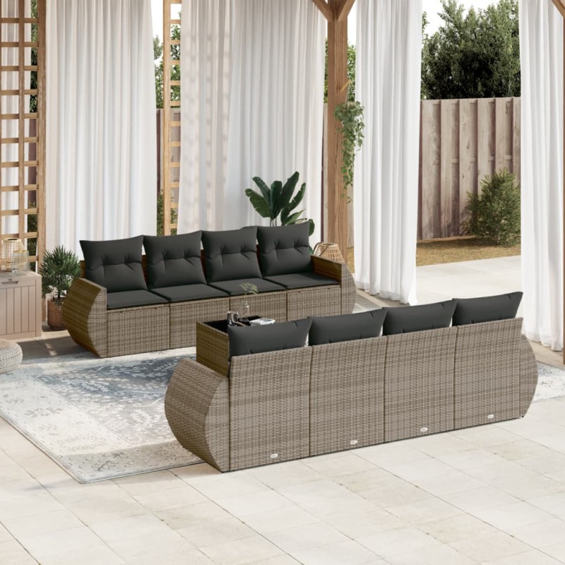 vidaXL Set de muebles de jardín 9 pzas y cojines ratán sintético gris vidaXL Set de muebles de jardín 9 pzas y cojines ratán sintético gris