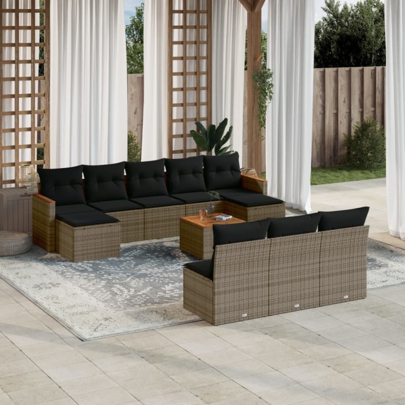 vidaXL Set de sofás de jardín 11 pzas y cojines ratán sintético gris