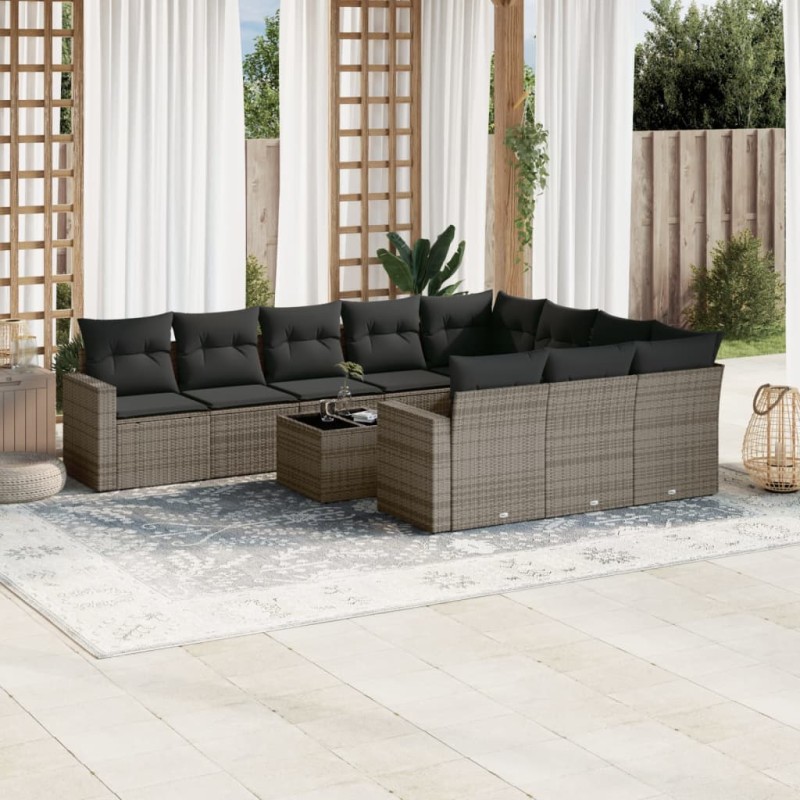 vidaXL Set de sofás de jardín 11 pzas y cojines ratán sintético gris vidaXL Set de sofás de jardín 11 pzas y cojines ratán sintético gris