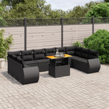 vidaXL Set de sofás de jardín 11 pzas y cojines ratán sintético negro