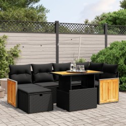 vidaXL Set de comedor de jardín 7 pzas y cojines ratán sintético negro