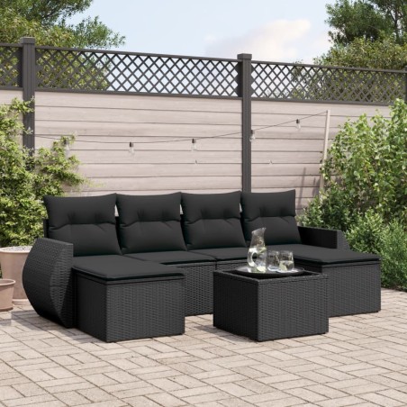 vidaXL Set de comedor de jardín 7 pzas y cojines ratán sintético negro