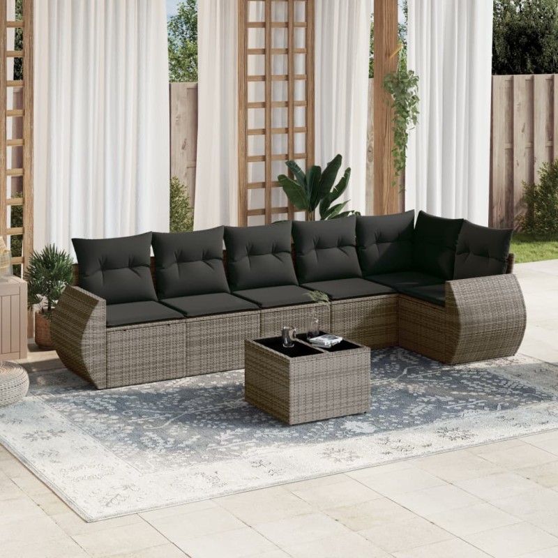 vidaXL Set de sofás de jardín 7 piezas con cojines ratán PE gris vidaXL Set de sofás de jardín 7 piezas con cojines ratán PE gris