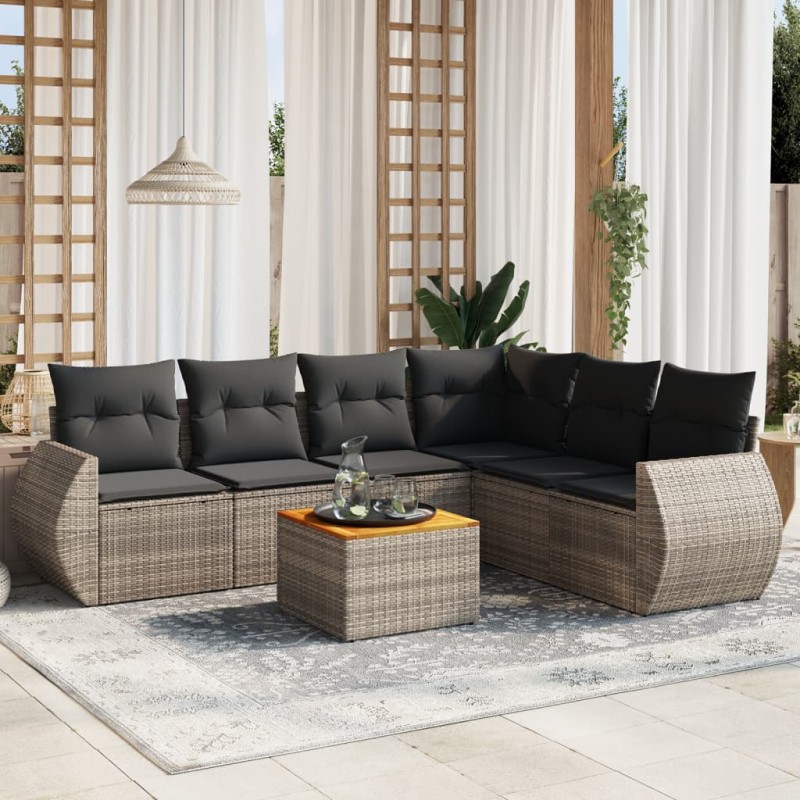 vidaXL Set de sofás de jardín 7 piezas con cojines ratán PE gris vidaXL Set de sofás de jardín 7 piezas con cojines ratán PE gris