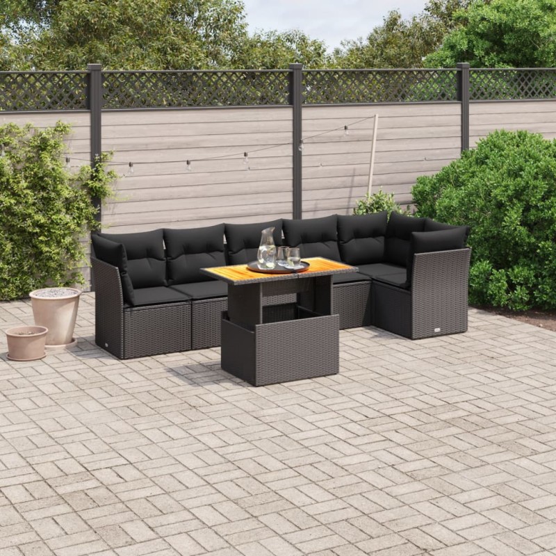 vidaXL Set de comedor de jardín 7 pzas y cojines ratán sintético negro vidaXL Set de comedor de jardín 7 pzas y cojines ratán sintético negro