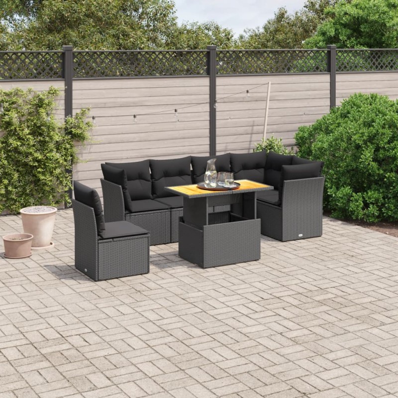 vidaXL Set de comedor de jardín 7 pzas y cojines ratán sintético negro