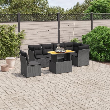 vidaXL Set de comedor de jardín 7 pzas y cojines ratán sintético negro