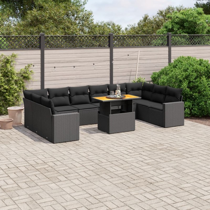 vidaXL Set de sofás de jardín 11 pzas y cojines ratán sintético negro