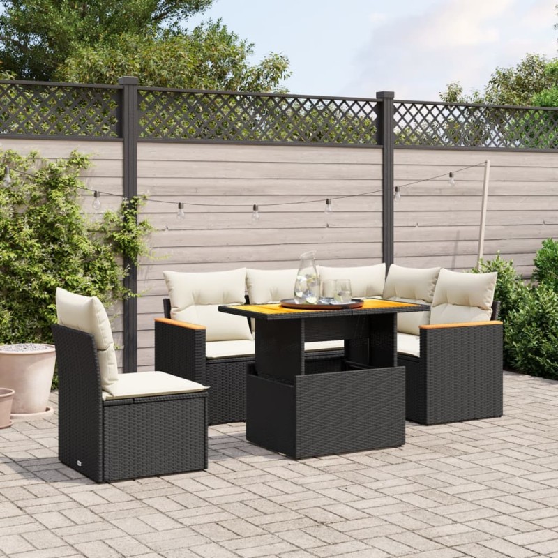 vidaXL Set de sofás de jardín 6 piezas y cojines ratán sintético negro vidaXL Set de sofás de jardín 6 piezas y cojines ratán sintético negro
